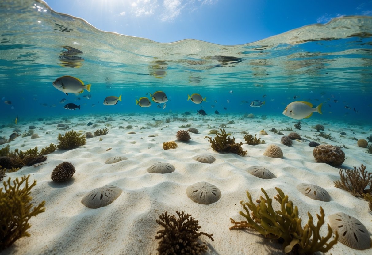 A sandy ocean floor with scattered sand dollars, surrounded by various marine life such as fish, seaweed, and coral. The water is clear and blue, with sunlight filtering through the surface