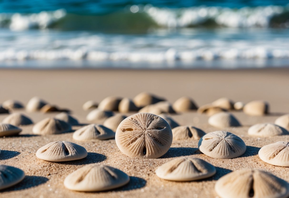 Fossilized sand dollars scattered across a sandy beach, with waves gently lapping at the shore in the background