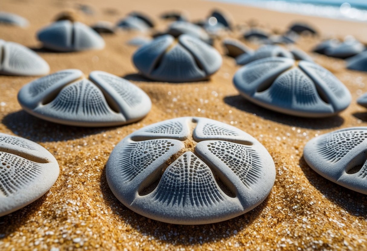 A collection of sand dollar fossils scattered across a sandy beach, with intricate patterns and textures visible on their smooth, round surfaces