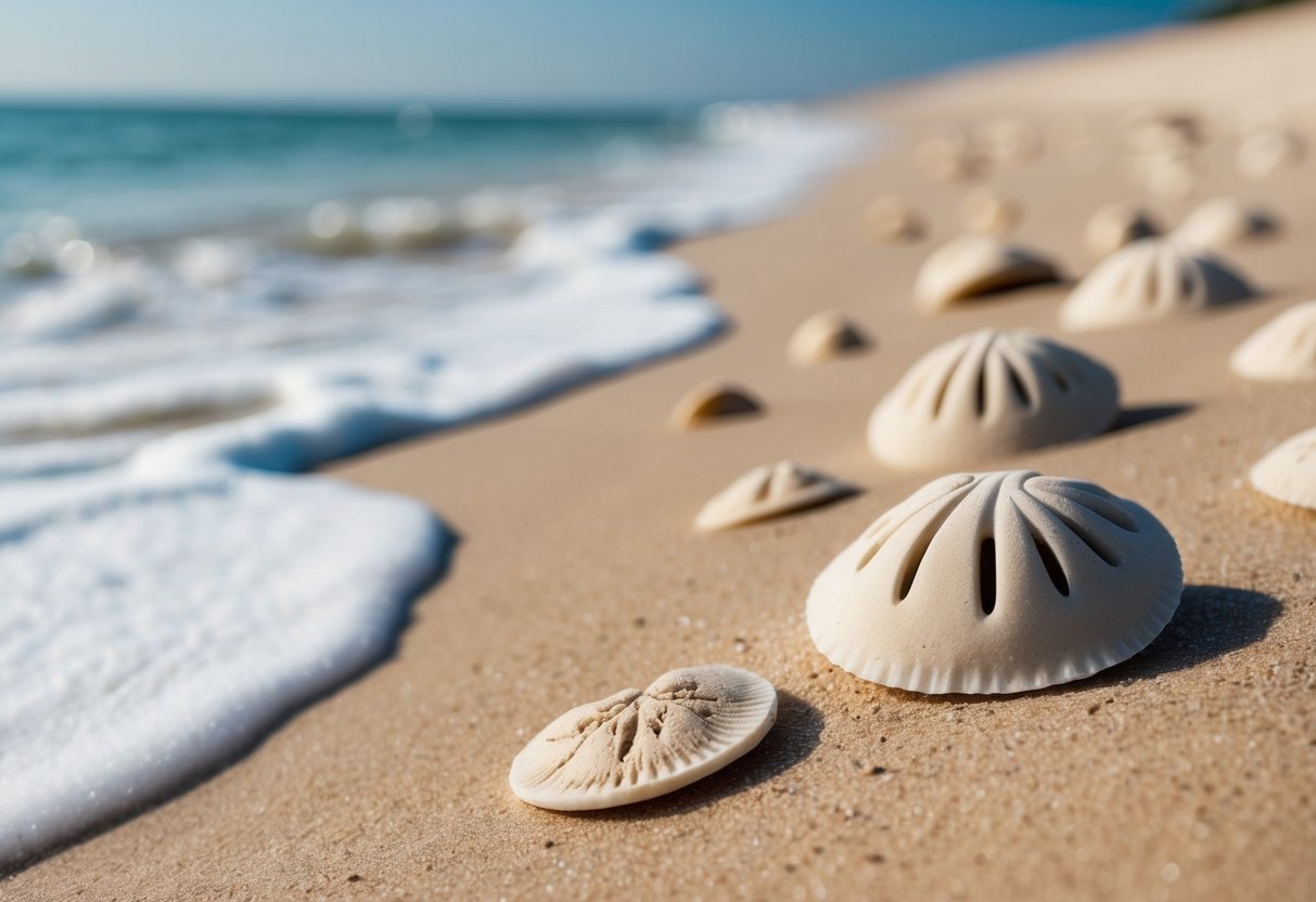 A sandy beach with scattered sand dollars and fossilized sand dollar imprints in the sand, with gentle waves lapping at the shore