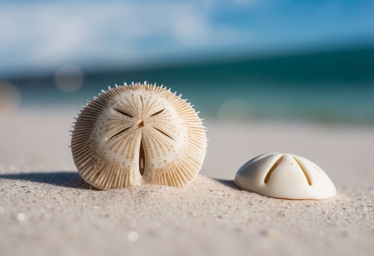 A live sand dollar is covered in tiny, moving spines, while a dead one is smooth and white, resembling a small, flat shell