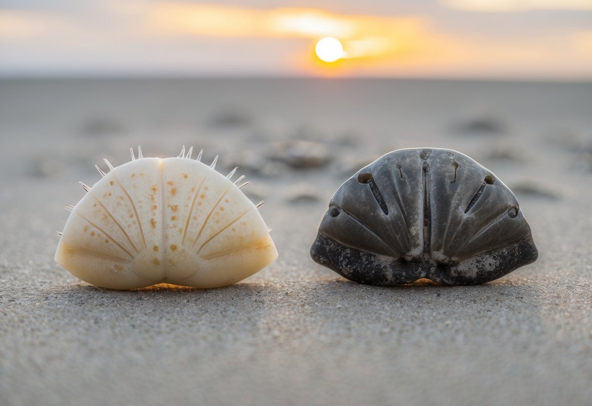 A live sand dollar with moving spines and tube feet, compared to a dead, motionless sand dollar with no visible signs of life