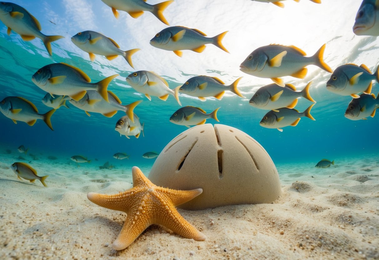 A school of fish surrounds a sand dollar, while a starfish approaches from below. The sand dollar's spines bristle in defense