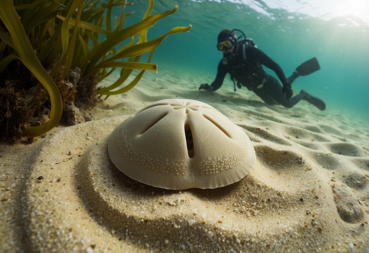 A sand dollar rests on the ocean floor, surrounded by swirling sand and gently waving seaweed. A shadowy figure lurks nearby, ready to pounce on the unsuspecting echinoderm