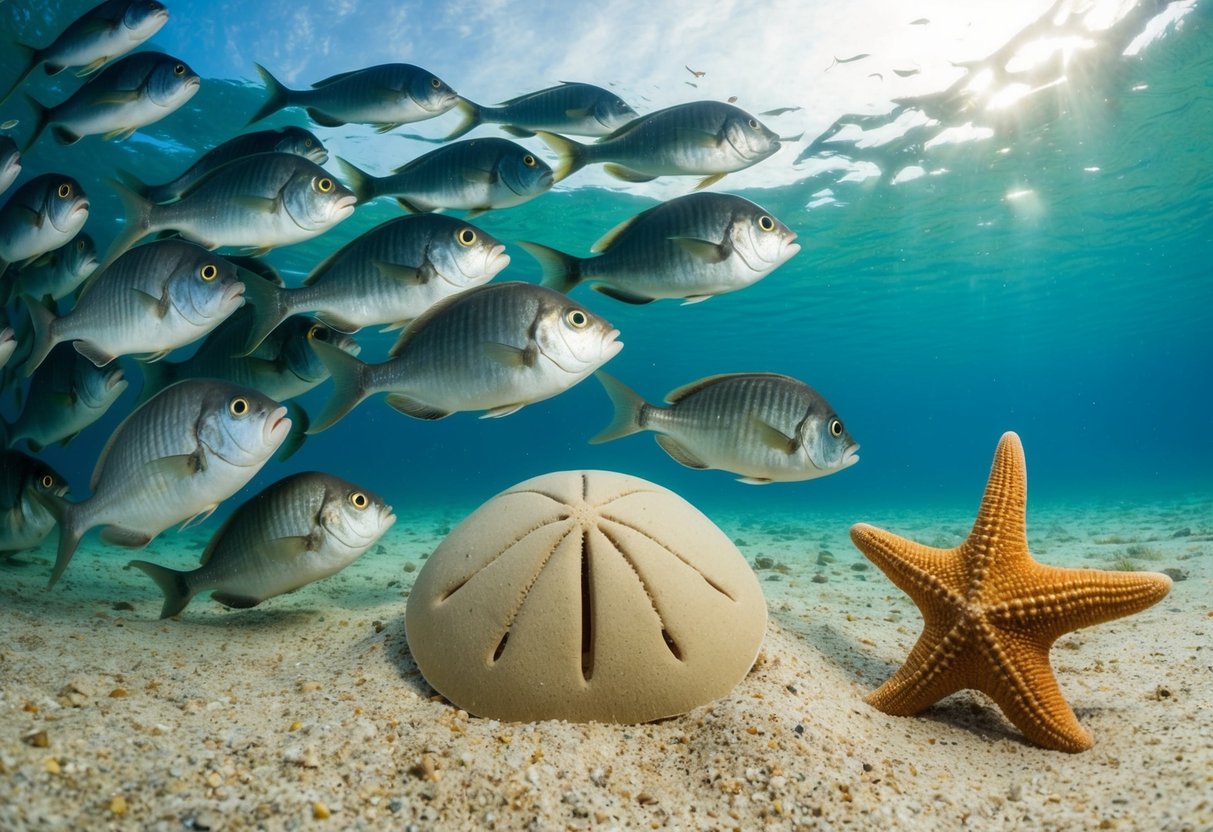 A school of fish surrounds a sand dollar, while a starfish lurks nearby. The sand dollar uses its spines to defend itself against potential predators