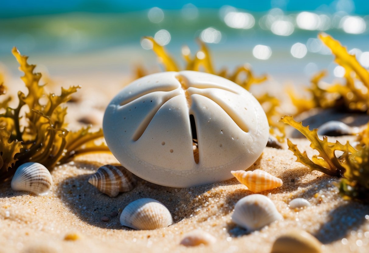 A sand dollar surrounded by colorful seaweed and small shells on a sandy ocean floor. Sunlight filters through the water, casting dappled shadows