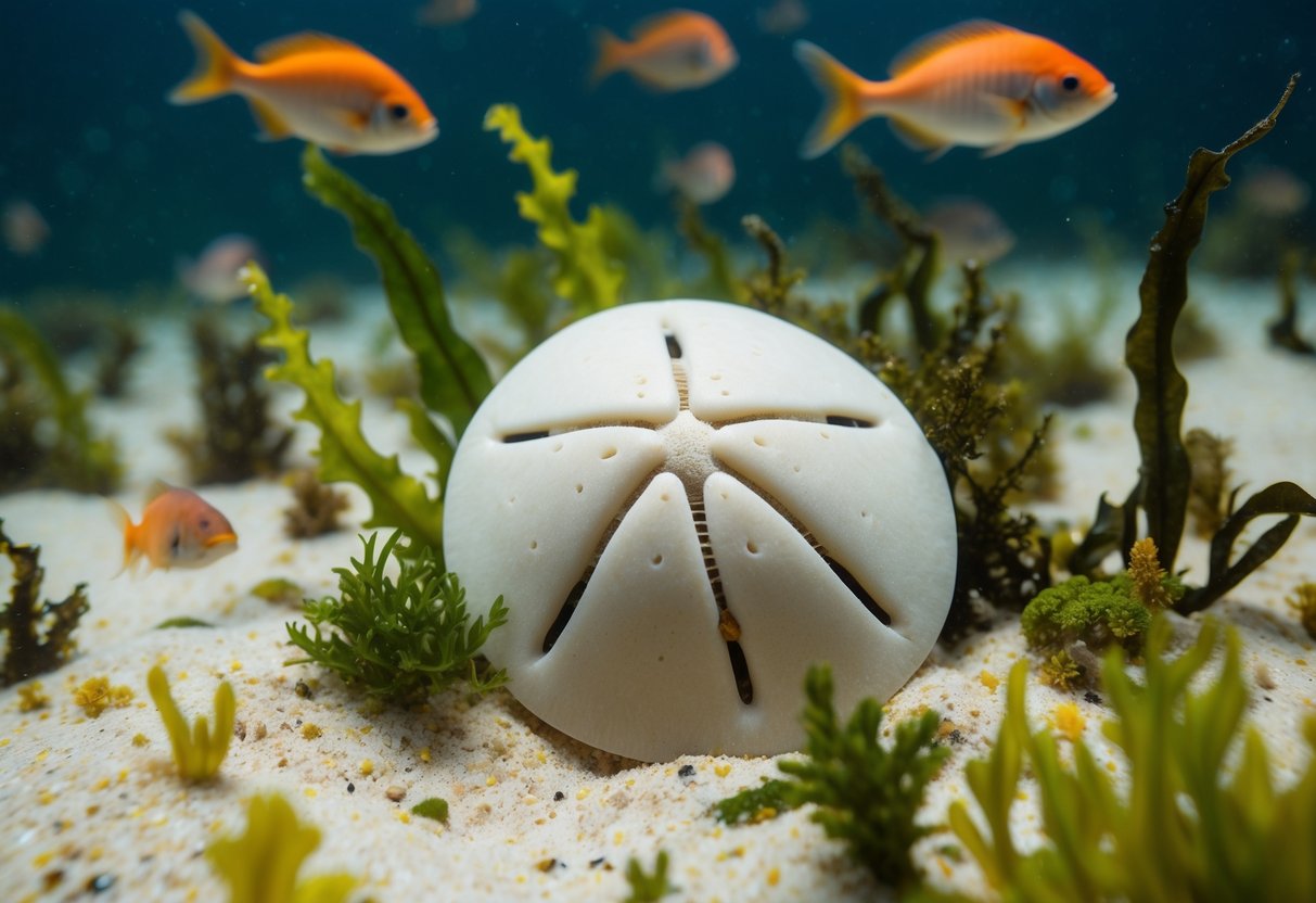 A sand dollar surrounded by various types of marine vegetation, including seaweed and algae, with small fish swimming in the background