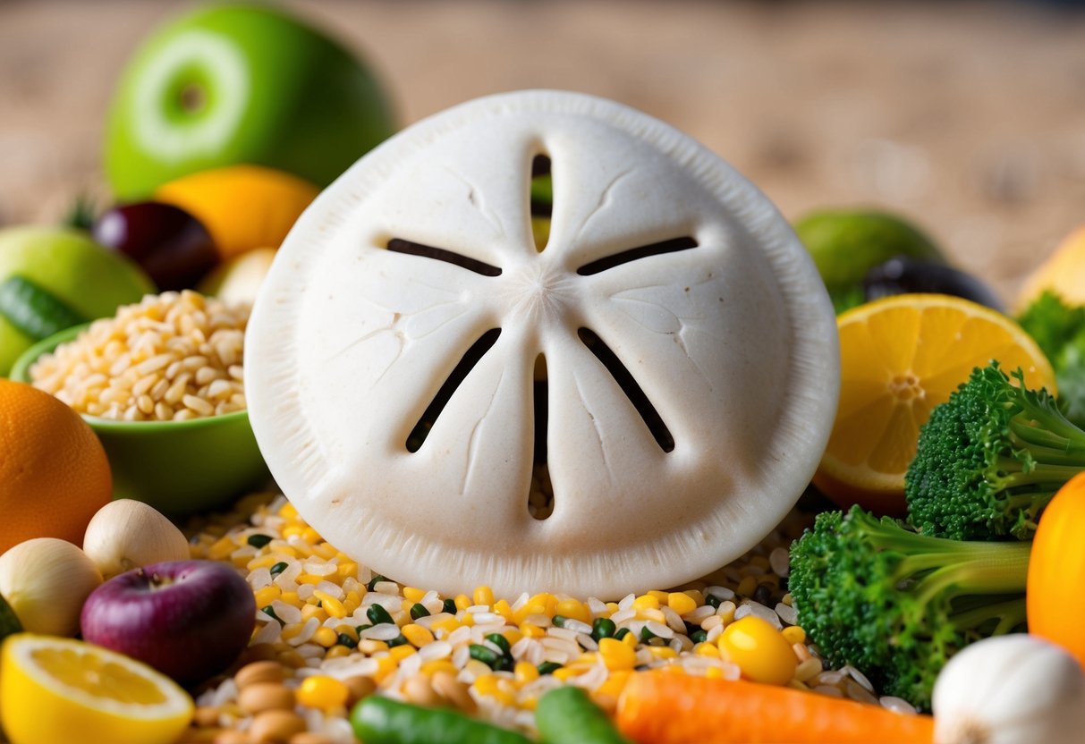 A sand dollar surrounded by a variety of nutrient-rich foods like fruits, vegetables, grains, and lean proteins