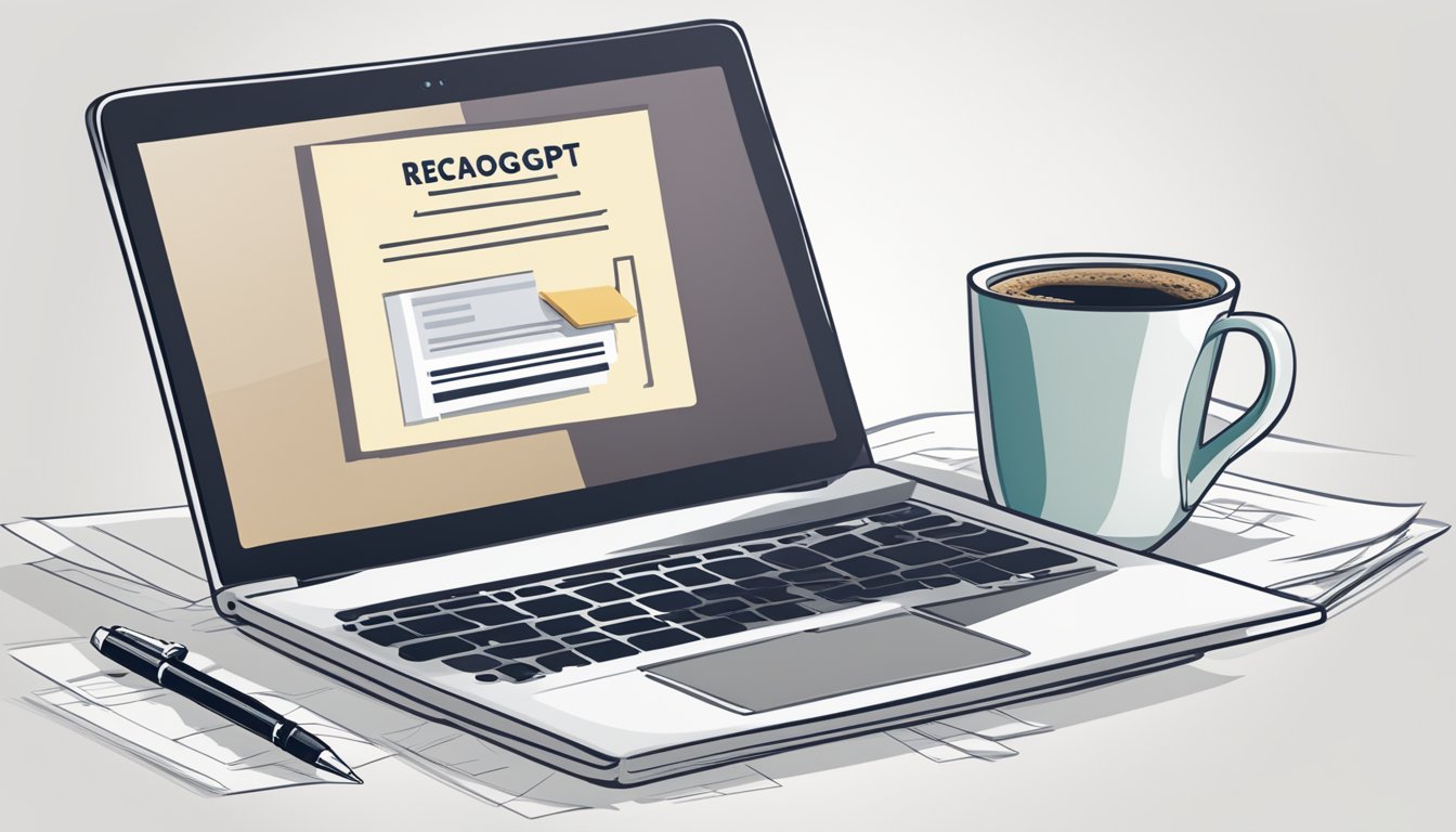 A laptop displaying the RecapioGPT website, surrounded by scattered papers and a cup of coffee. A pen sits on top of a notebook with the logo of RecapioGPT