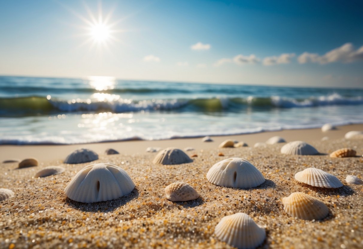 A sandy beach with scattered sand dollars, seashells, and gentle waves rolling onto the shore under a bright sun