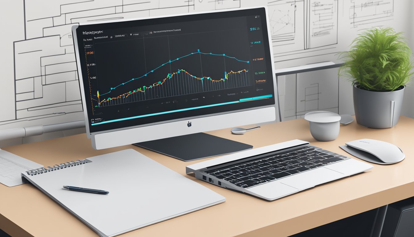 A sleek, modern computer desk with a laptop displaying the RecapioGPT logo. A graph on the screen shows performance and reliability data