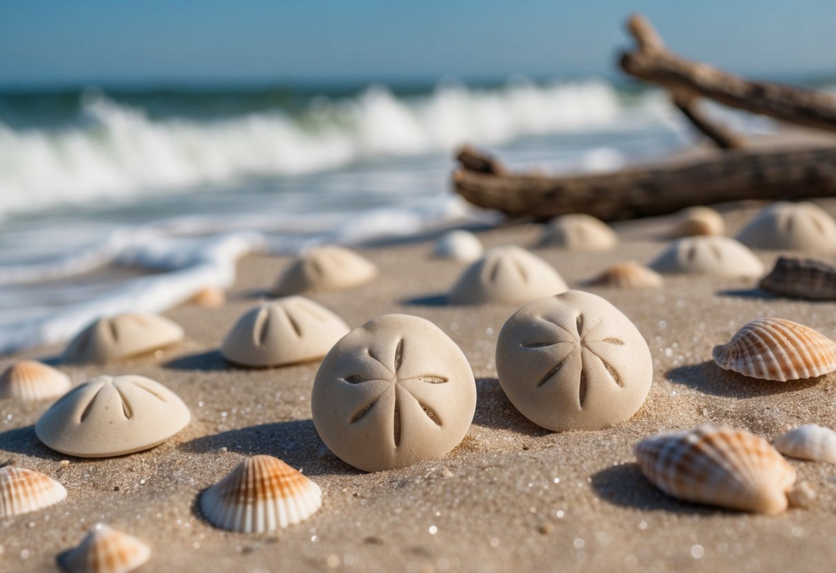 A collection of sand dollars scattered on a sandy beach, with waves gently washing over them, surrounded by seashells and driftwood