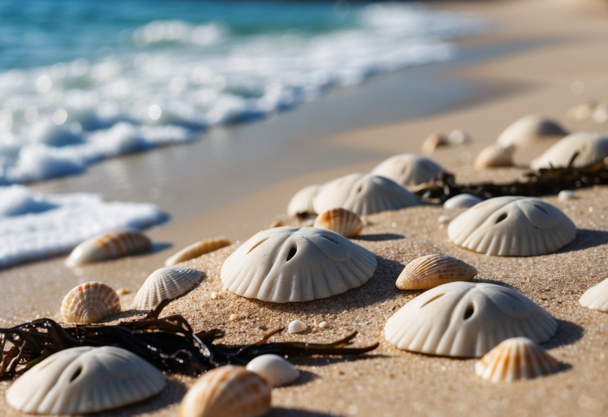 A sandy beach with scattered sand dollars, waves gently washing over them, seashells and seaweed strewn about