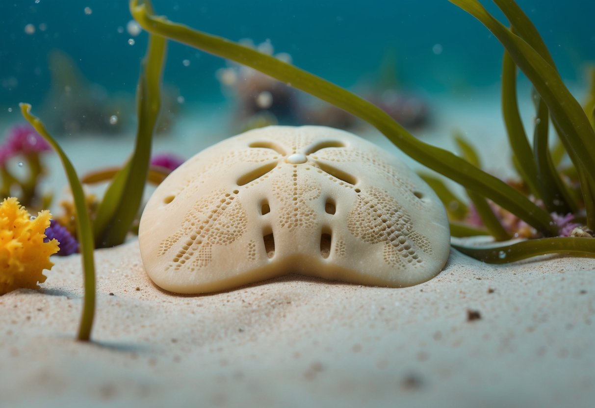 A sand dollar nestled in the shallow waters, surrounded by colorful marine life and gently swaying seaweed