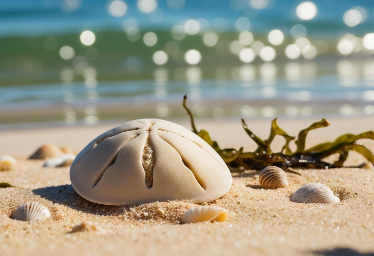 A sand dollar lies half-buried in the sandy ocean floor, surrounded by small shells and waving seaweed. Sunlight filters through the water, casting dappled shadows on the scene