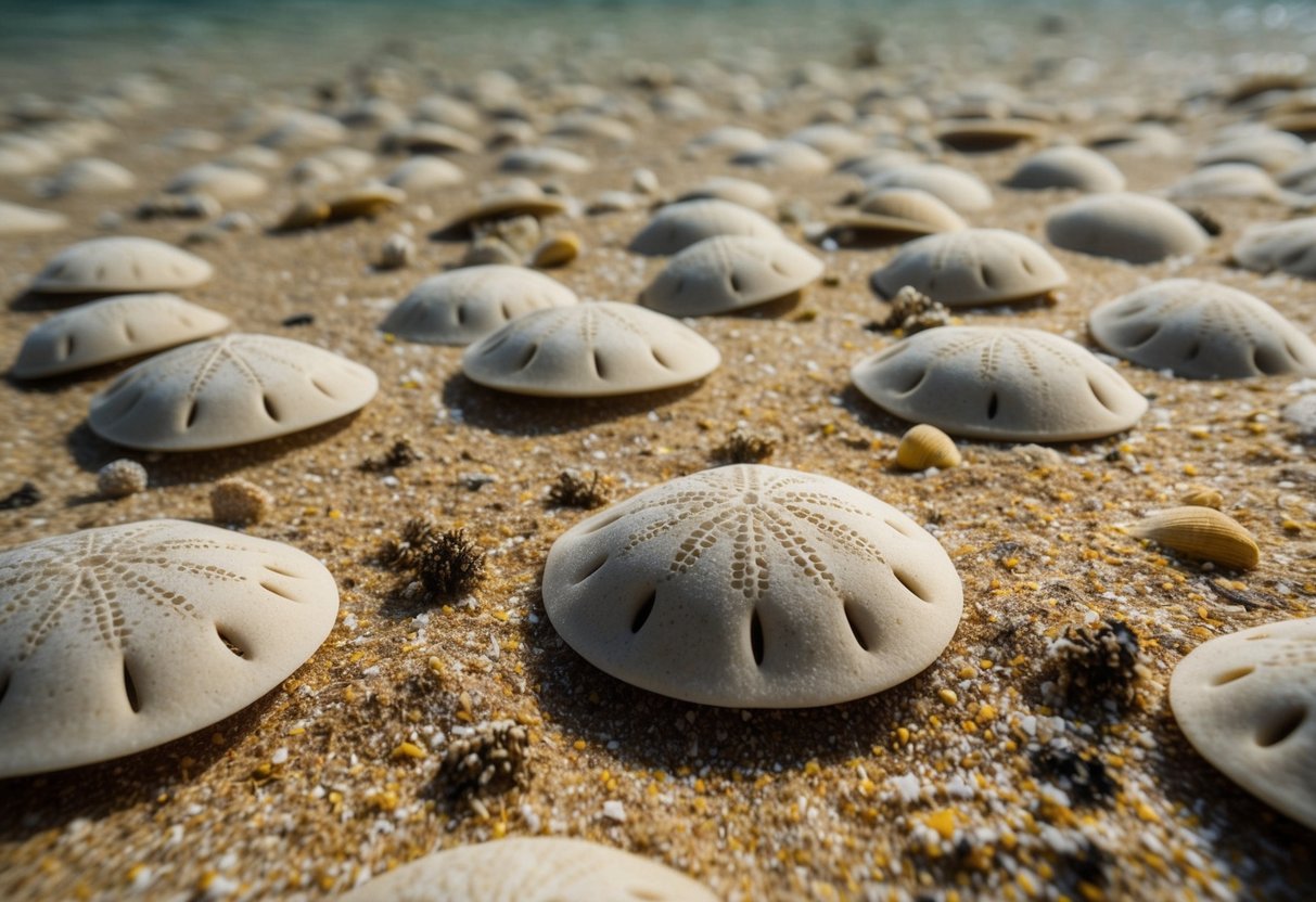 A group of sand dollars lies scattered across the ocean floor, their flattened bodies blending in with the sandy substrate. Small marine organisms can be seen feeding on the detritus trapped in the intricate patterns on their surface