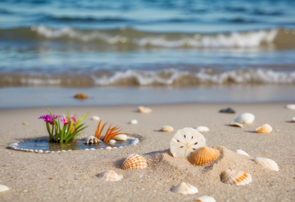 A sandy beach with gentle waves, scattered seashells, and a few sand dollars partially buried in the sand. A small tide pool with colorful marine plants and rocks is nearby