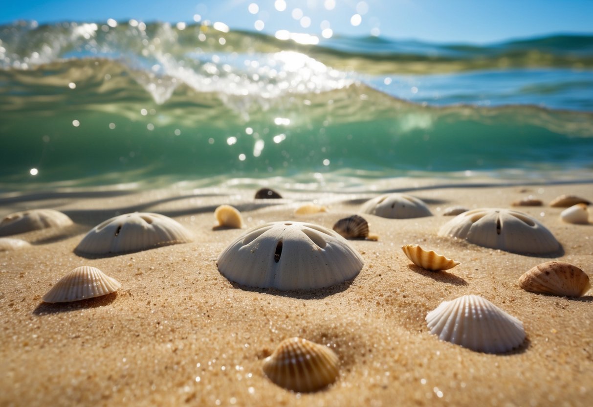 A sandy beach with scattered sand dollars, surrounded by gentle waves and seashells. Sunlight filters through the clear water, casting dappled shadows on the ocean floor