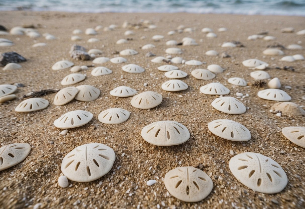 Scene: A sandy ocean floor with scattered sand dollars. Some are bleached and cracked from increased ocean acidity and temperature. Others are buried under sediment due to rising sea levels