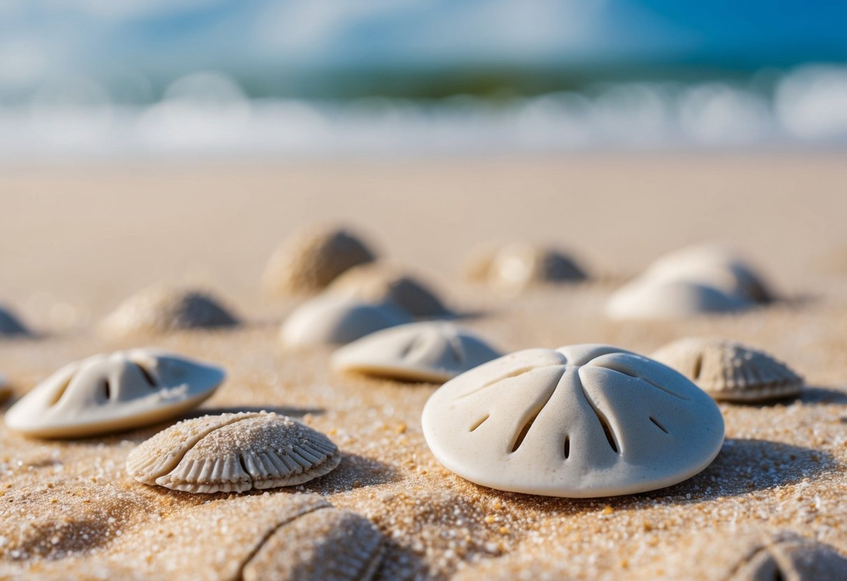 A sandy beach with scattered sand dollars, some cracked and bleached. Rising temperatures and ocean acidification are affecting their populations