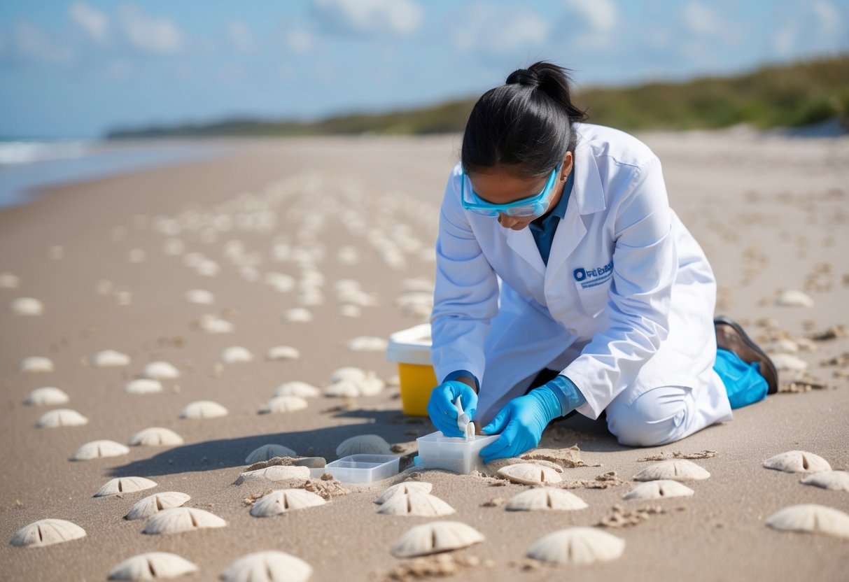 A sandy beach with scattered sand dollars and a research scientist collecting data and samples