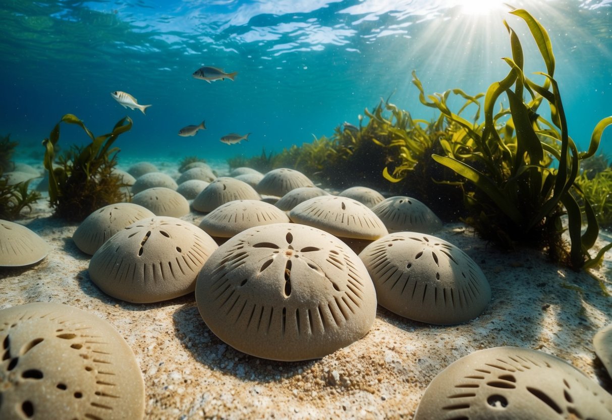 A group of sand dollars lies on the ocean floor, surrounded by swaying seaweed and small fish. Sunlight filters through the water, illuminating the intricate patterns on their round, flat bodies