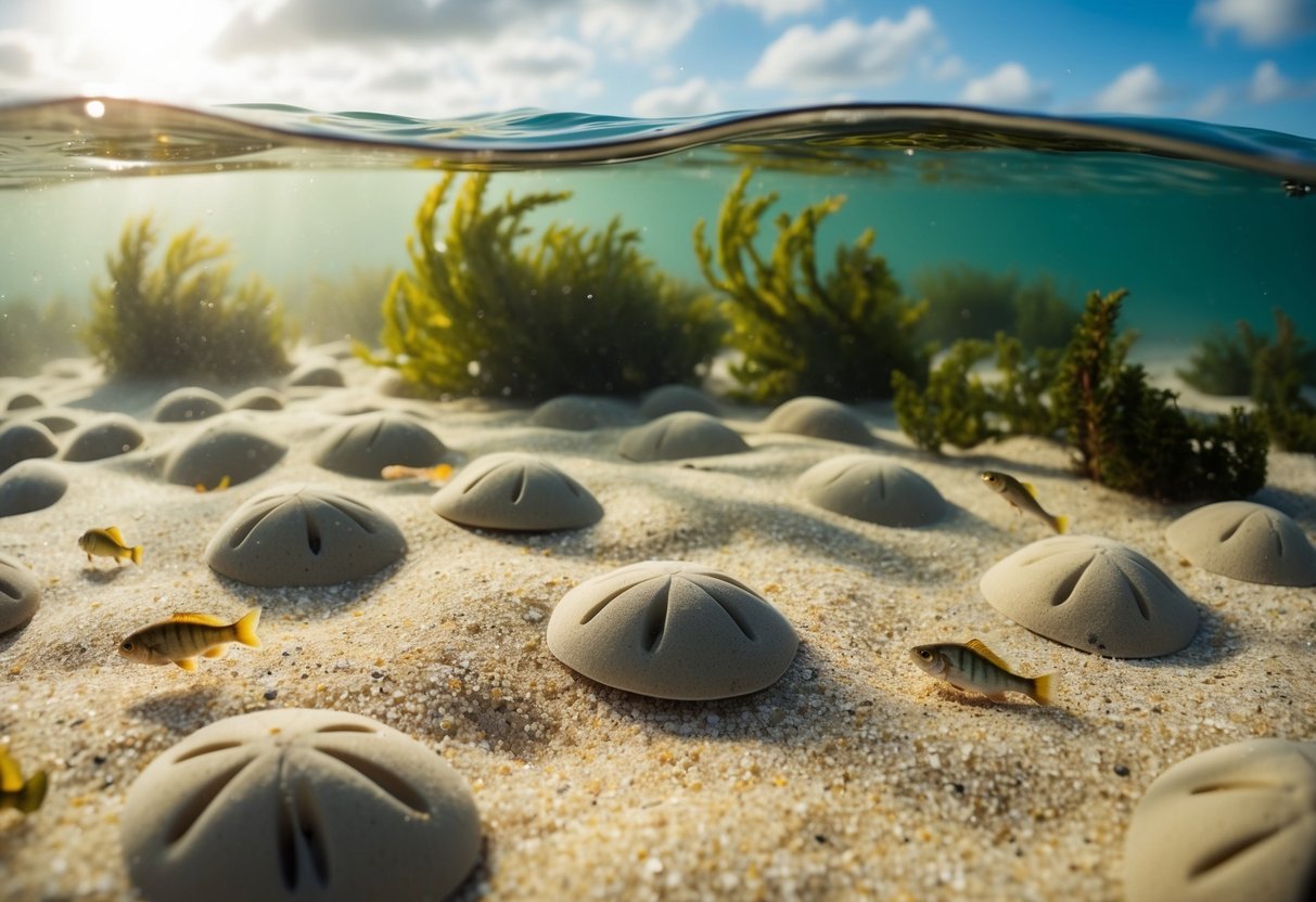 A sandy ocean floor with scattered sand dollars, surrounded by gently swaying seaweed and small fish. Sunlight filters through the water, casting dappled shadows on the scene