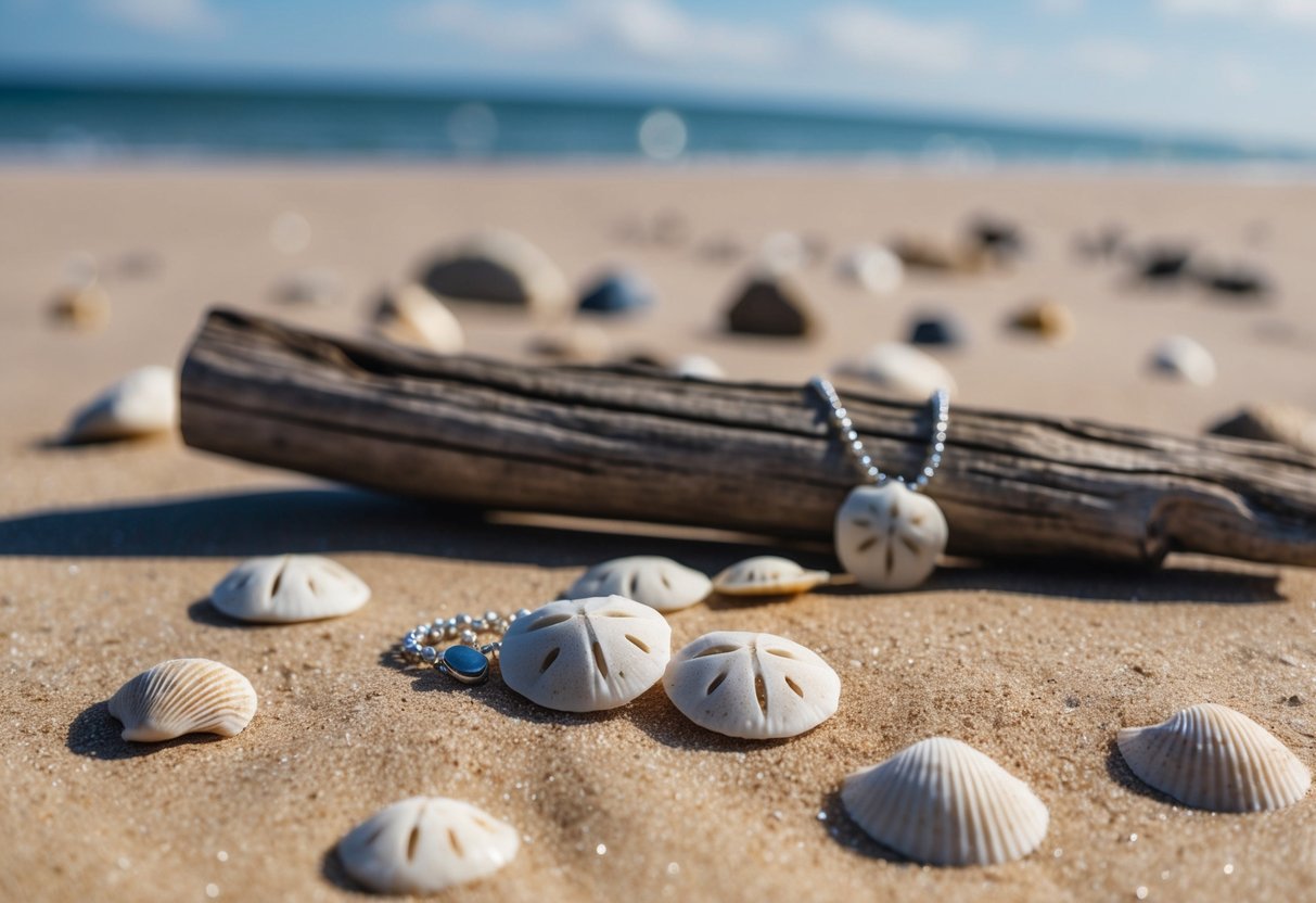 A sandy beach with scattered sand dollars and shells, a few pieces of sand dollar jewelry laid out on a piece of driftwood