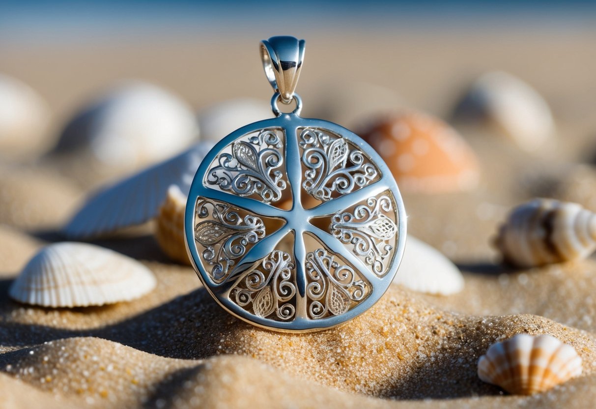 A close-up of a sand dollar pendant with intricate silver filigree work, set against a backdrop of sand and shells