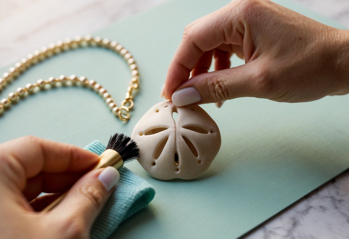 A handcrafted sand dollar necklace is being gently cleaned with a soft cloth, while a small brush is used to remove any debris from the delicate details