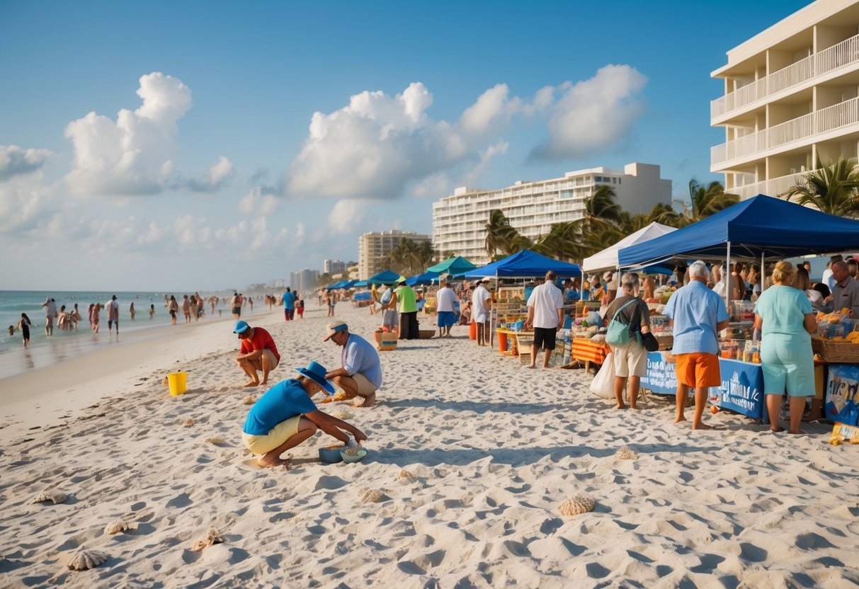 A bustling beach with tourists collecting sand dollars, local vendors selling souvenirs, and hotels filled with visitors