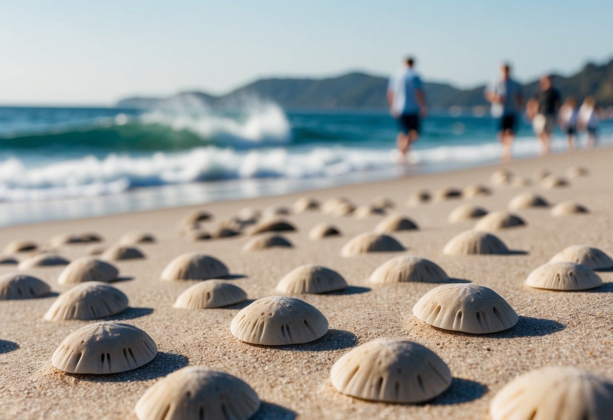 A coastal scene with sand dollars scattered across the sandy shore, with waves gently crashing in the background. Tourists are seen in the distance, enjoying the scenic beauty of the coastline