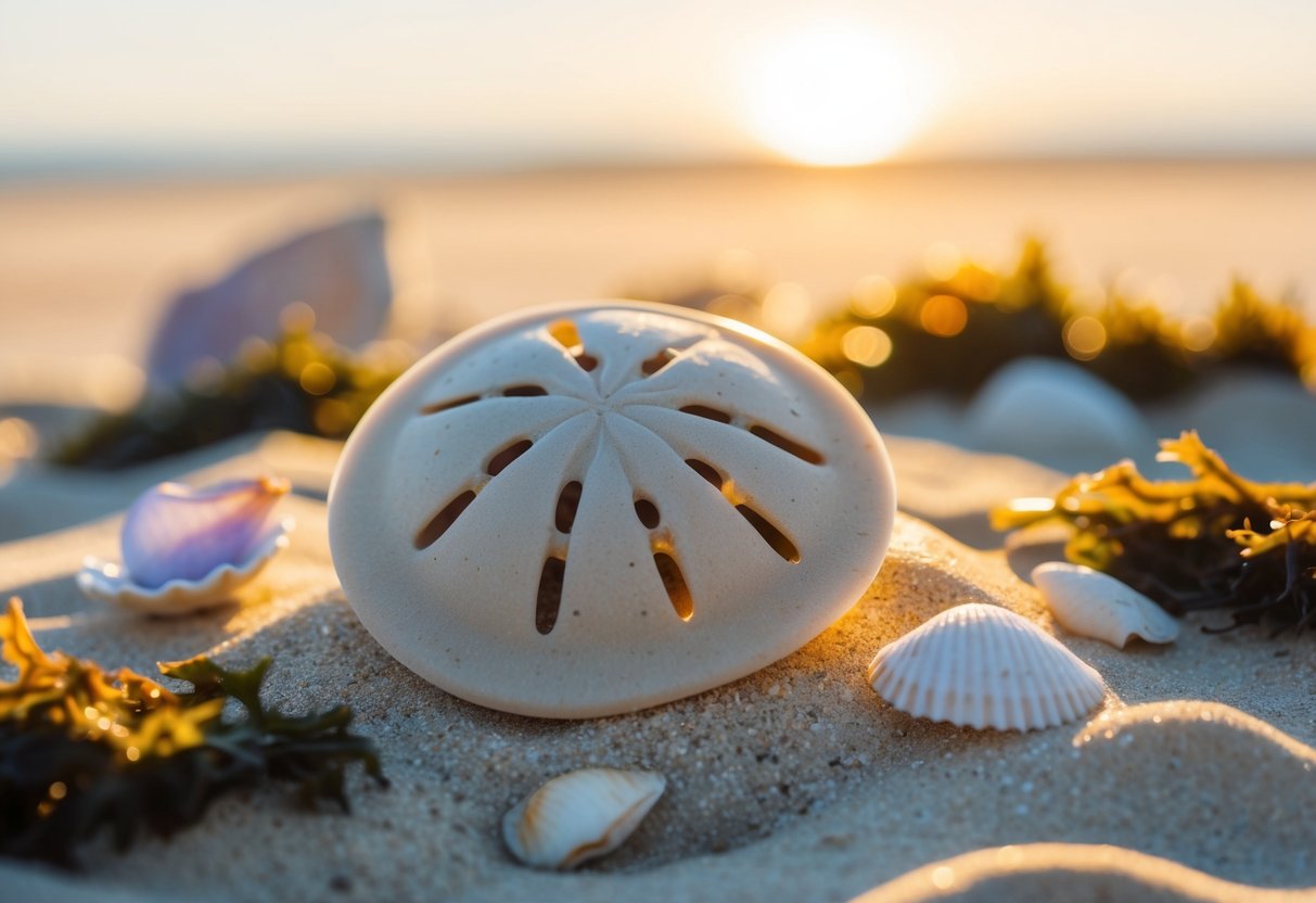 A sand dollar lies on the beach, surrounded by broken shells and seaweed. The sun casts a warm glow on the sand, creating a serene atmosphere