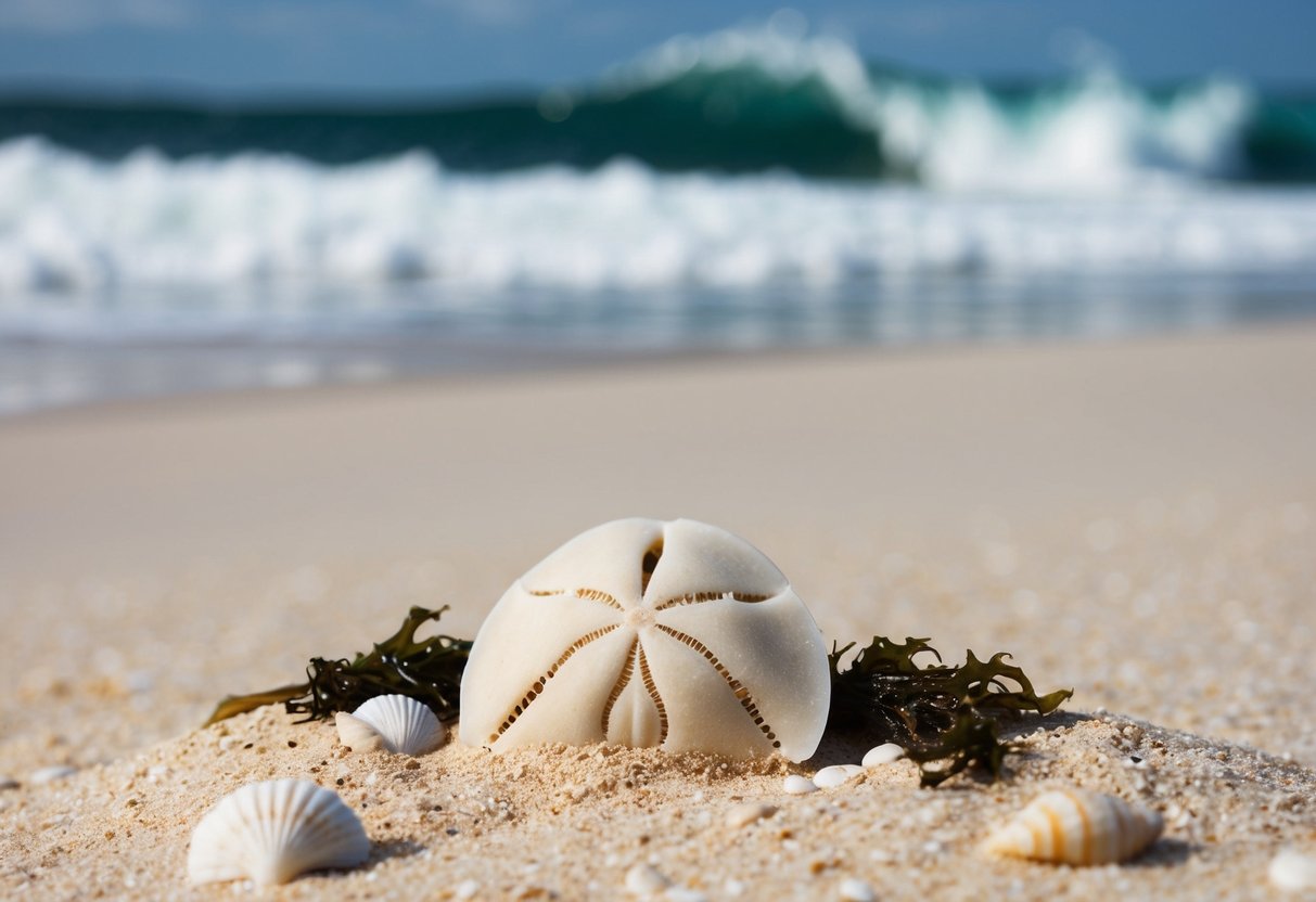 A sandy beach with waves crashing in the background. A sand dollar lies half-buried in the sand, surrounded by small shells and seaweed