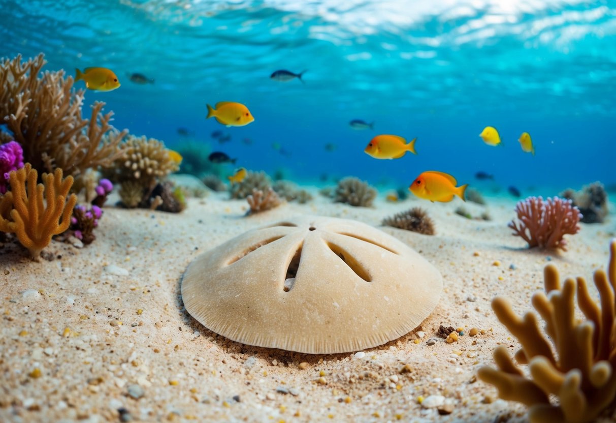 A sand dollar lies on the sandy ocean floor, surrounded by colorful coral and small fish swimming in the clear blue water