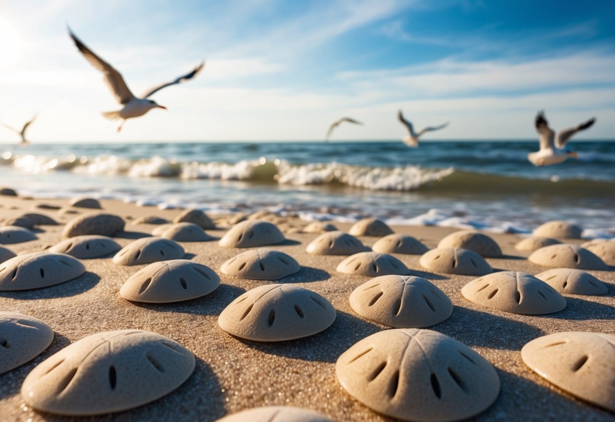 A collection of sand dollars scattered across the sandy shore, with gentle waves washing over them. Seagulls circle overhead, and the sun casts a warm glow on the scene