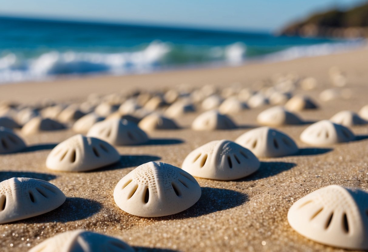 A close-up of sand dollars scattered across a sandy beach, with gentle waves in the background and sunlight casting soft shadows