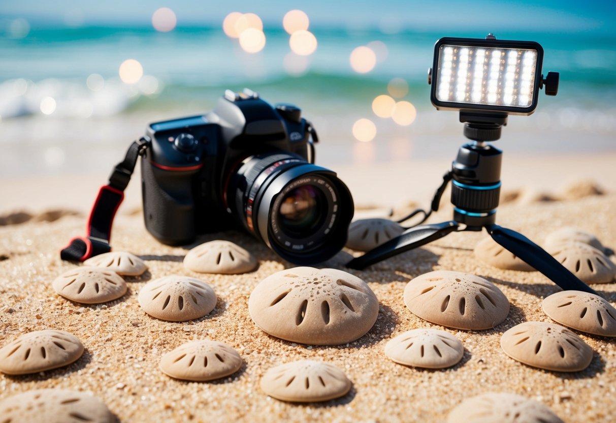 A table set with sand dollars, camera, and lighting equipment for photography