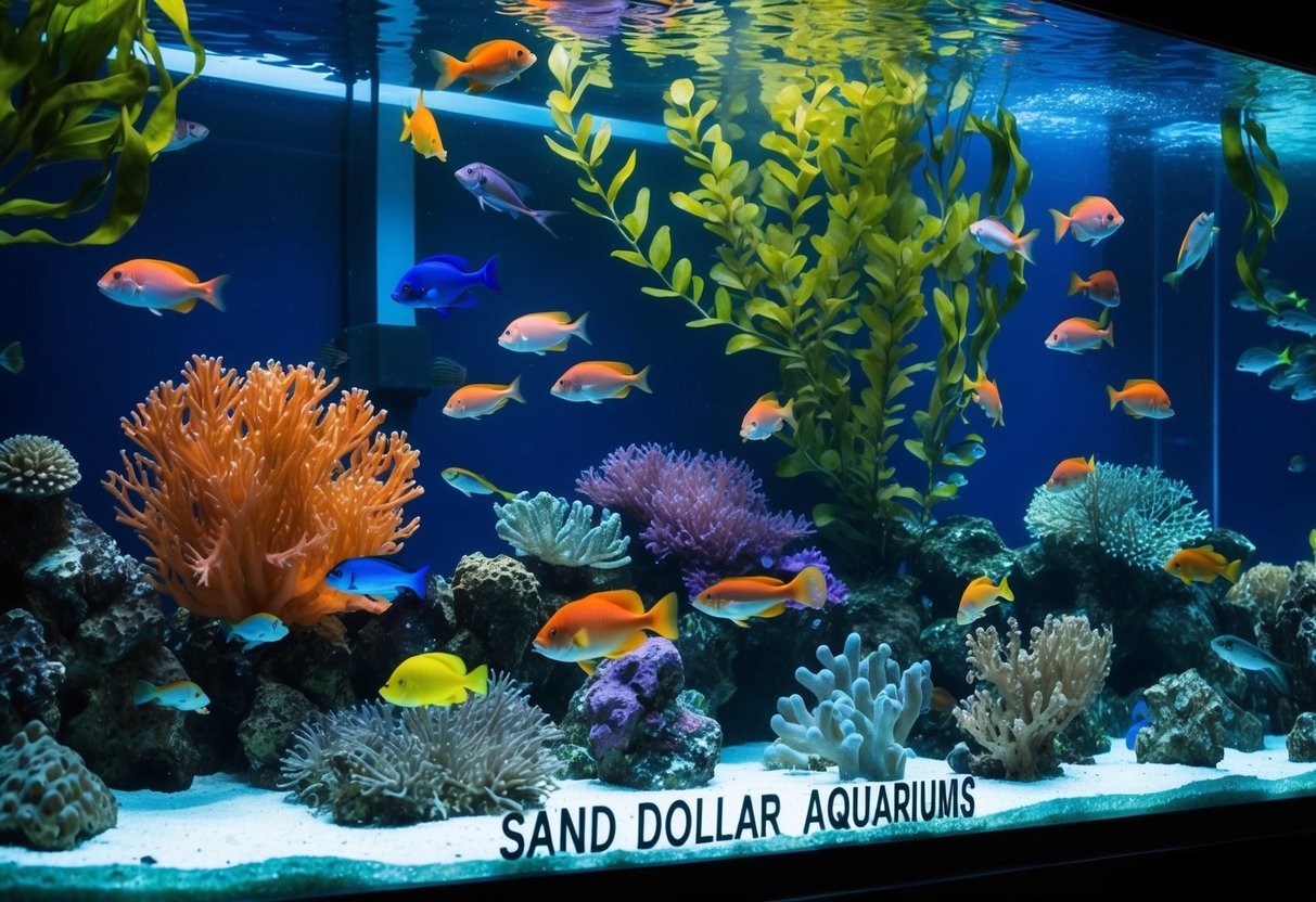 A variety of colorful fish swim among vibrant coral and swaying seaweed in a large, bustling aquarium labeled "Sand Dollar Aquariums."