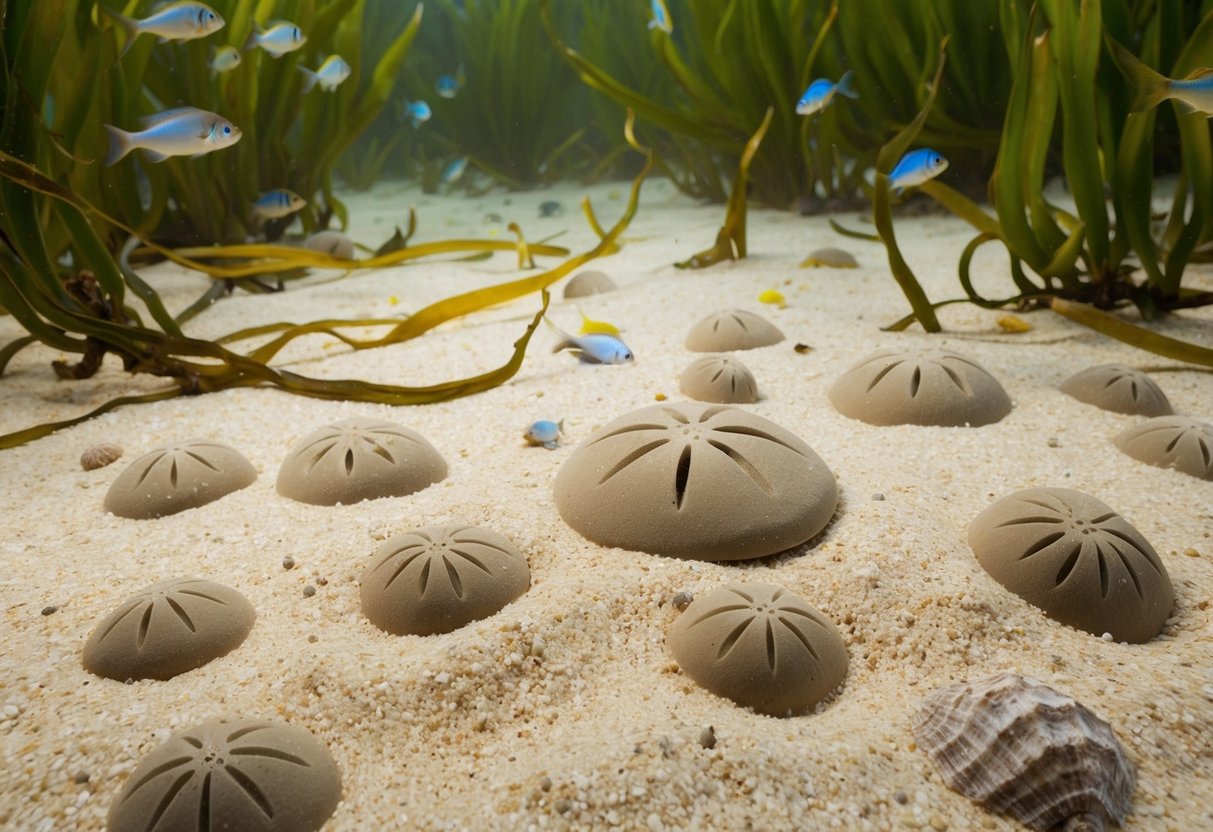 A sandy ocean floor with various sized sand dollars scattered about, surrounded by gently swaying seaweed and small, colorful fish