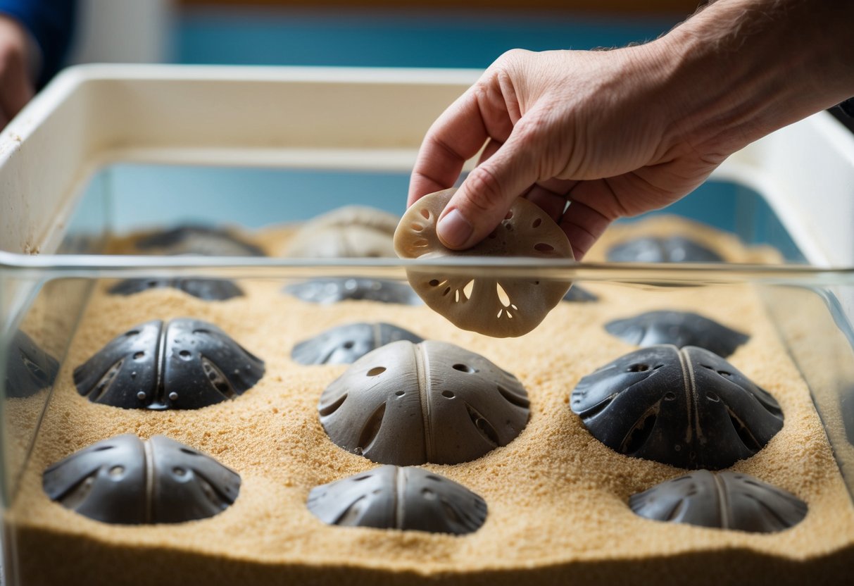 A hand reaches into a tank of sand dollars, carefully selecting different species. The tank is filled with sand and water, and the sand dollars are scattered across the bottom