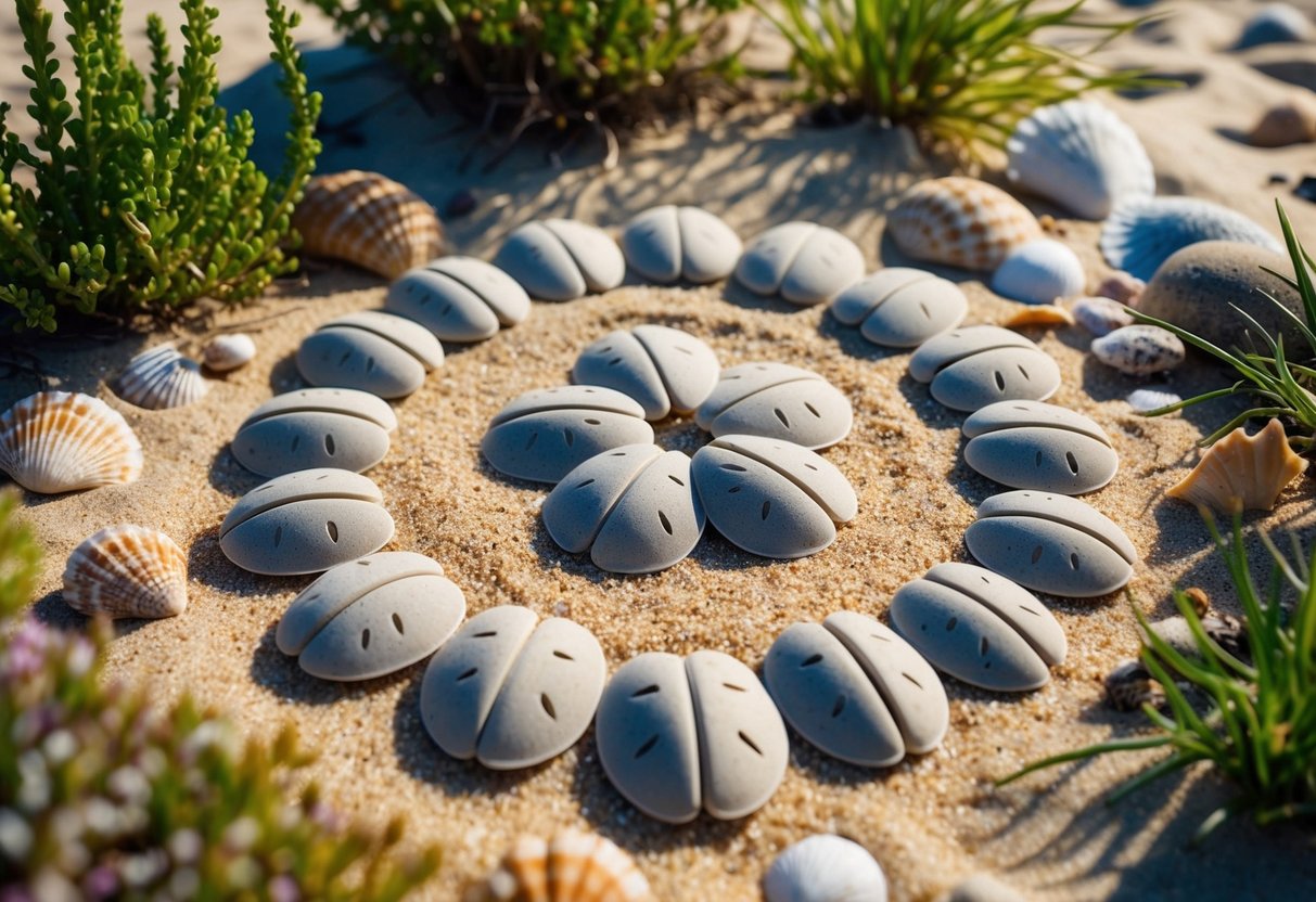 A collection of sand dollars arranged in a circular pattern on a sandy beach, surrounded by various coastal plants and shells