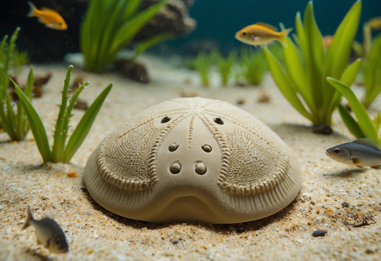 A sand dollar lies on a sandy ocean floor, surrounded by aquatic plants and small fish. Its round, flat body is covered in intricate patterns and small spines