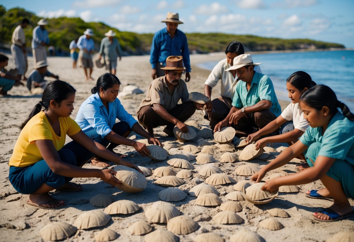 A group of people gather around a coastal area, collecting sand dollars and using them for medicinal purposes. The scene is set in a historical context, with traditional methods of extracting and utilizing the sand dollars for their healing properties