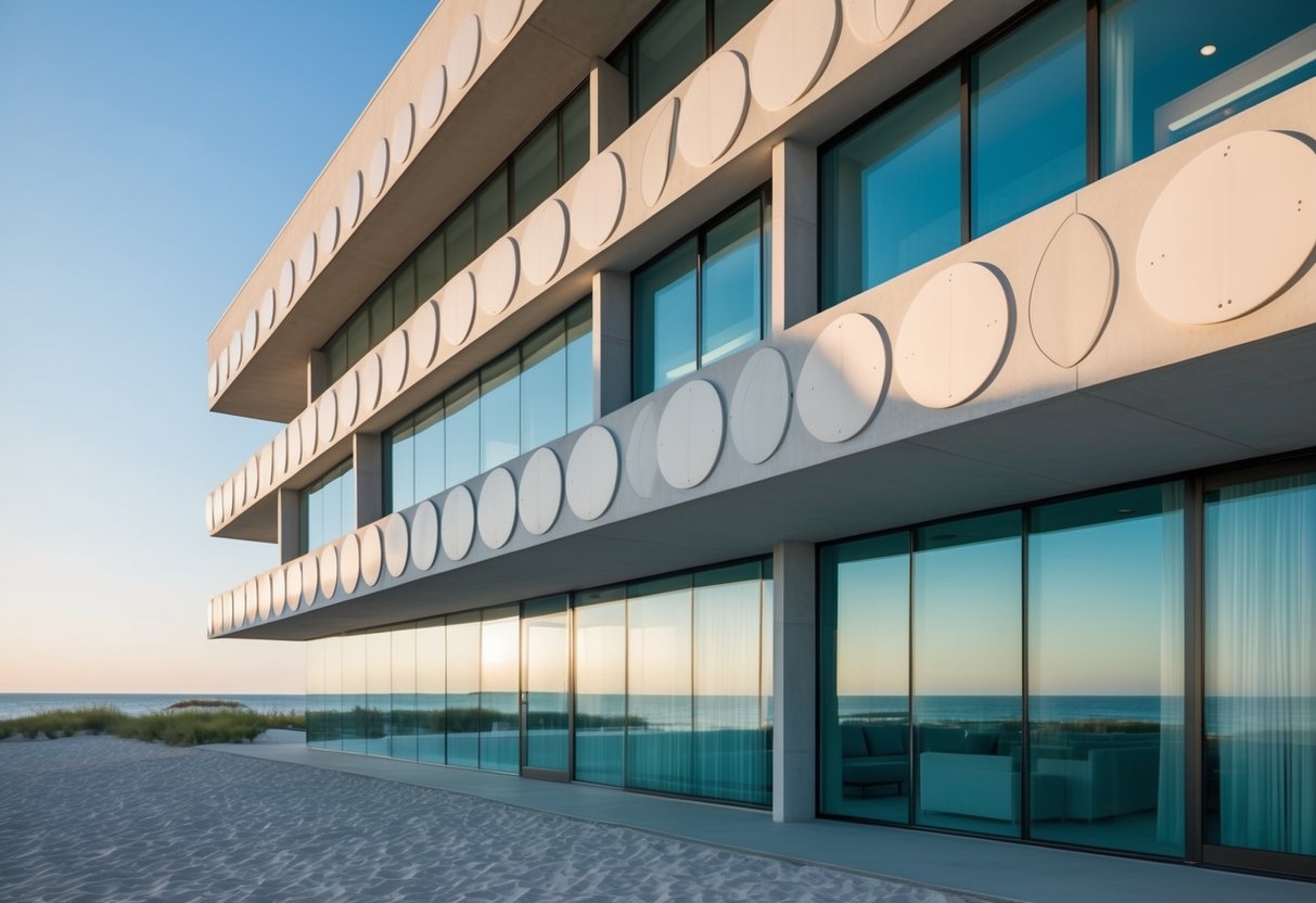 A modern, minimalist building with circular, honeycomb-like patterns reminiscent of sand dollars. Glass and concrete materials create a sleek, coastal-inspired design