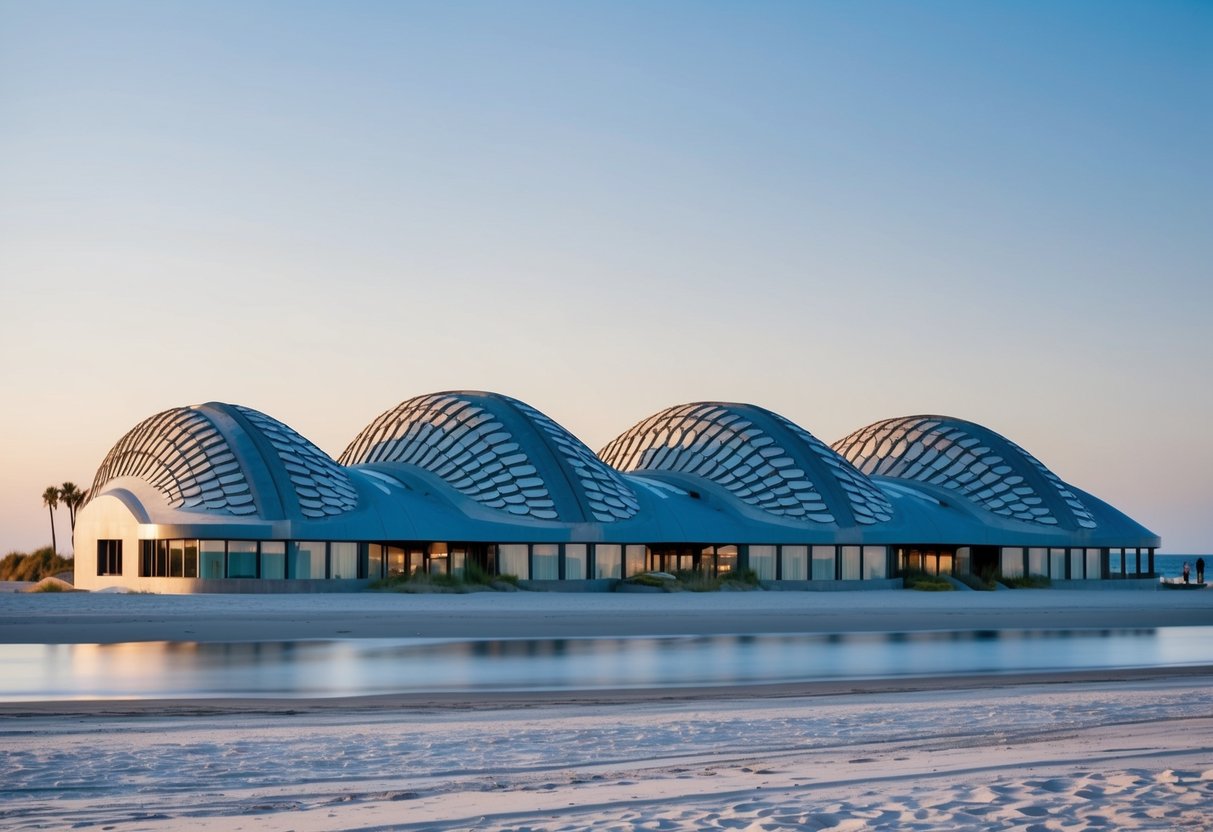 A modern beachfront building with circular windows and curved, shell-like rooftops, resembling the intricate pattern of a sand dollar