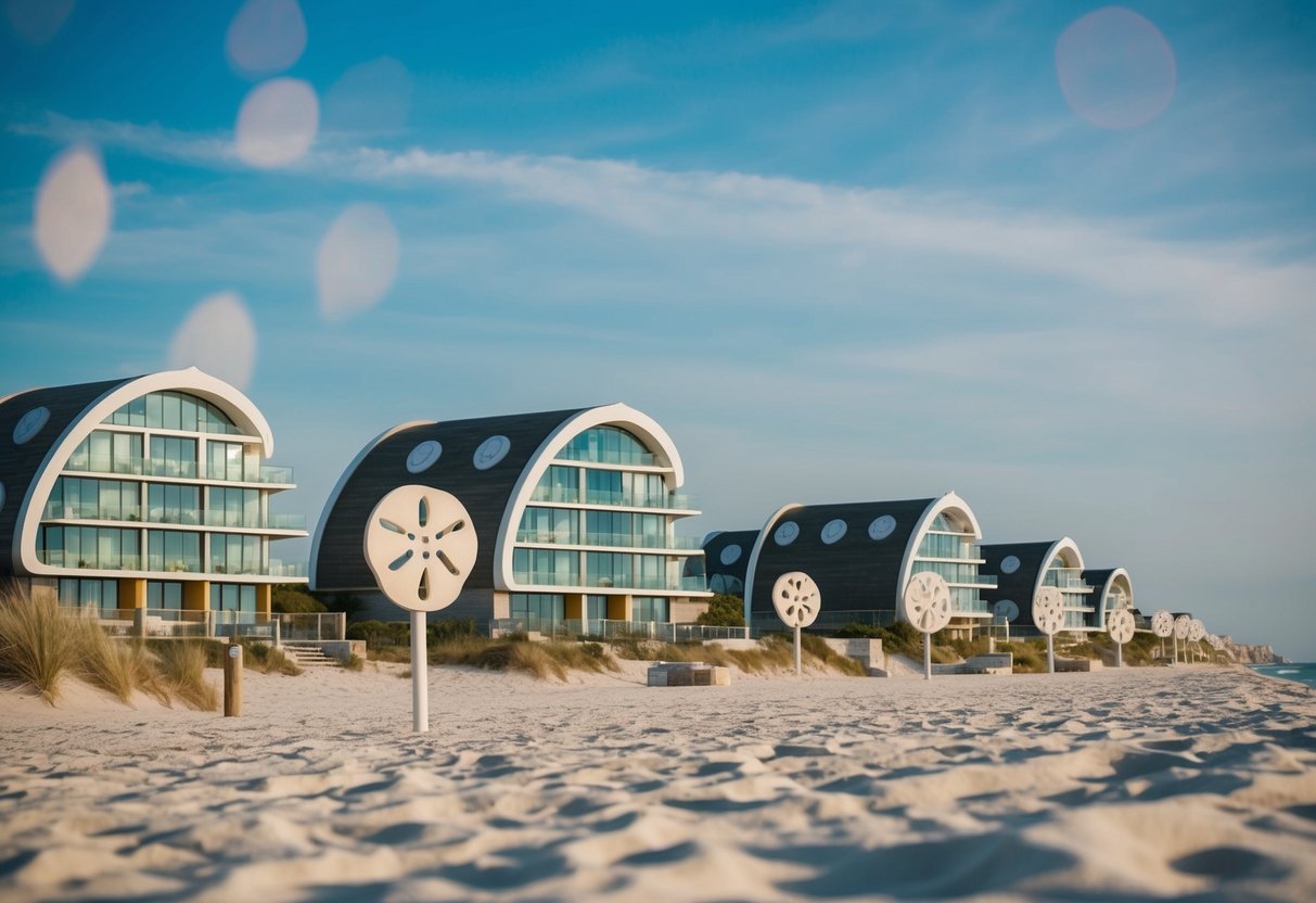 A coastal landscape featuring sand dollar-inspired buildings and designs, blending natural shapes and textures with modern architecture