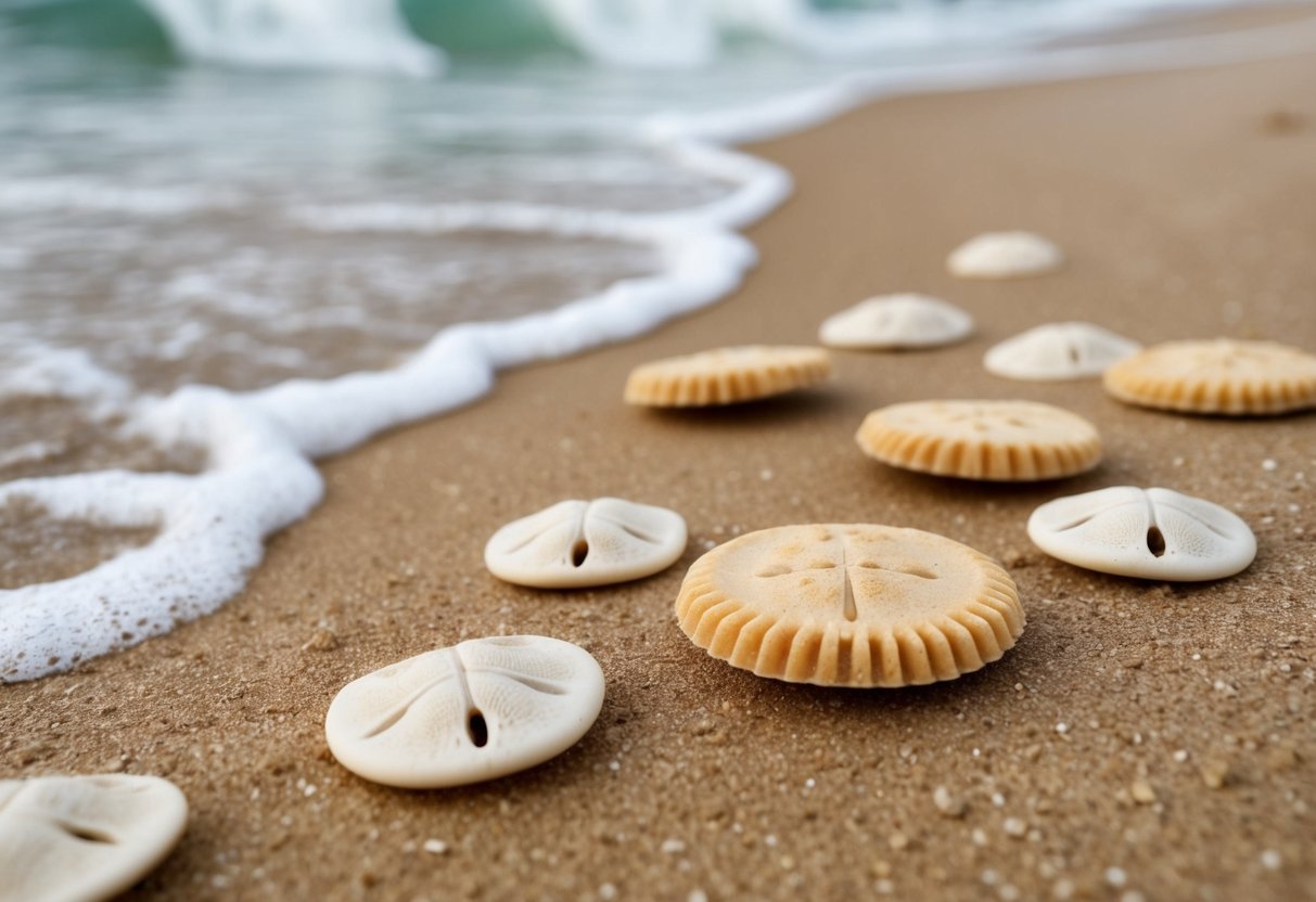 A sandy beach with scattered sand dollars and sea biscuits. The sand dollars are round and flat, while the sea biscuits are thicker and have a more irregular shape. The waves gently wash over them