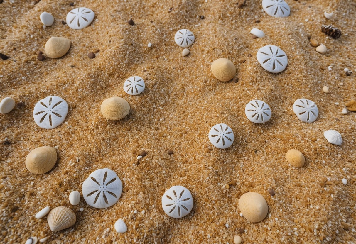 A sandy ocean floor with scattered sand dollars and sea biscuits. The sand dollars have a more defined flower-like pattern, while the sea biscuits are rounder and smoother in appearance