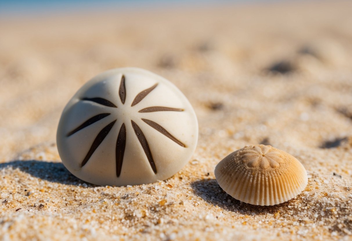 A sand dollar lies on the sandy ocean floor, showing its distinctive five petal-like pattern and thin, flat shape. Nearby, a sea biscuit stands out with its thicker, more rounded body and fuzzy appearance